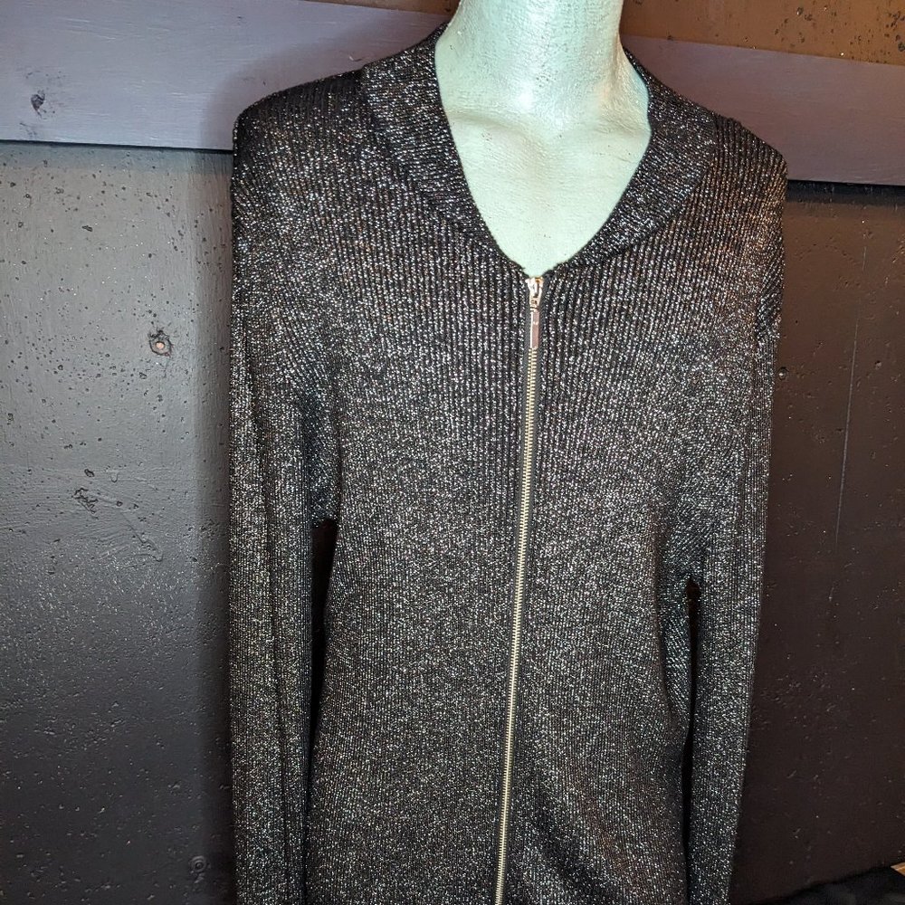 Mens Zip Ribbed Cardigan Sweater Black Silver XL Inc International Concepts EUC